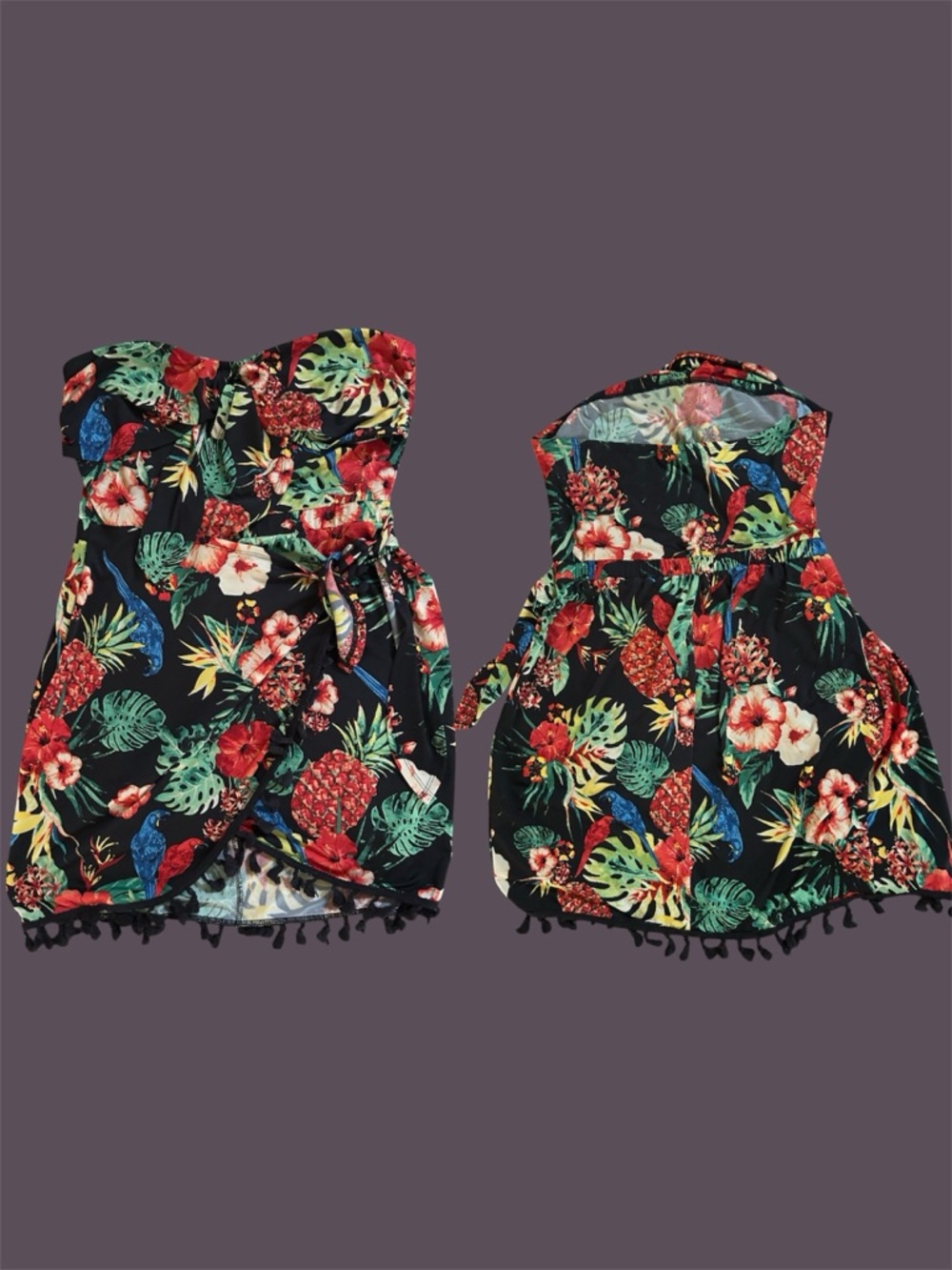 VENUS Black Tropical Floral Strapless dress with Red & Green Print Large and fun